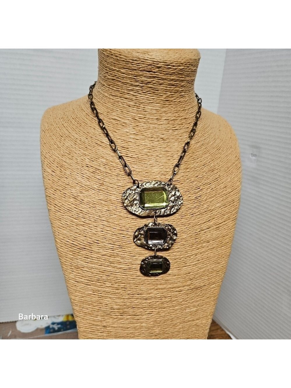 Vintage Hammered Brass Green and Pink/Mauve Drop Pendant Necklace